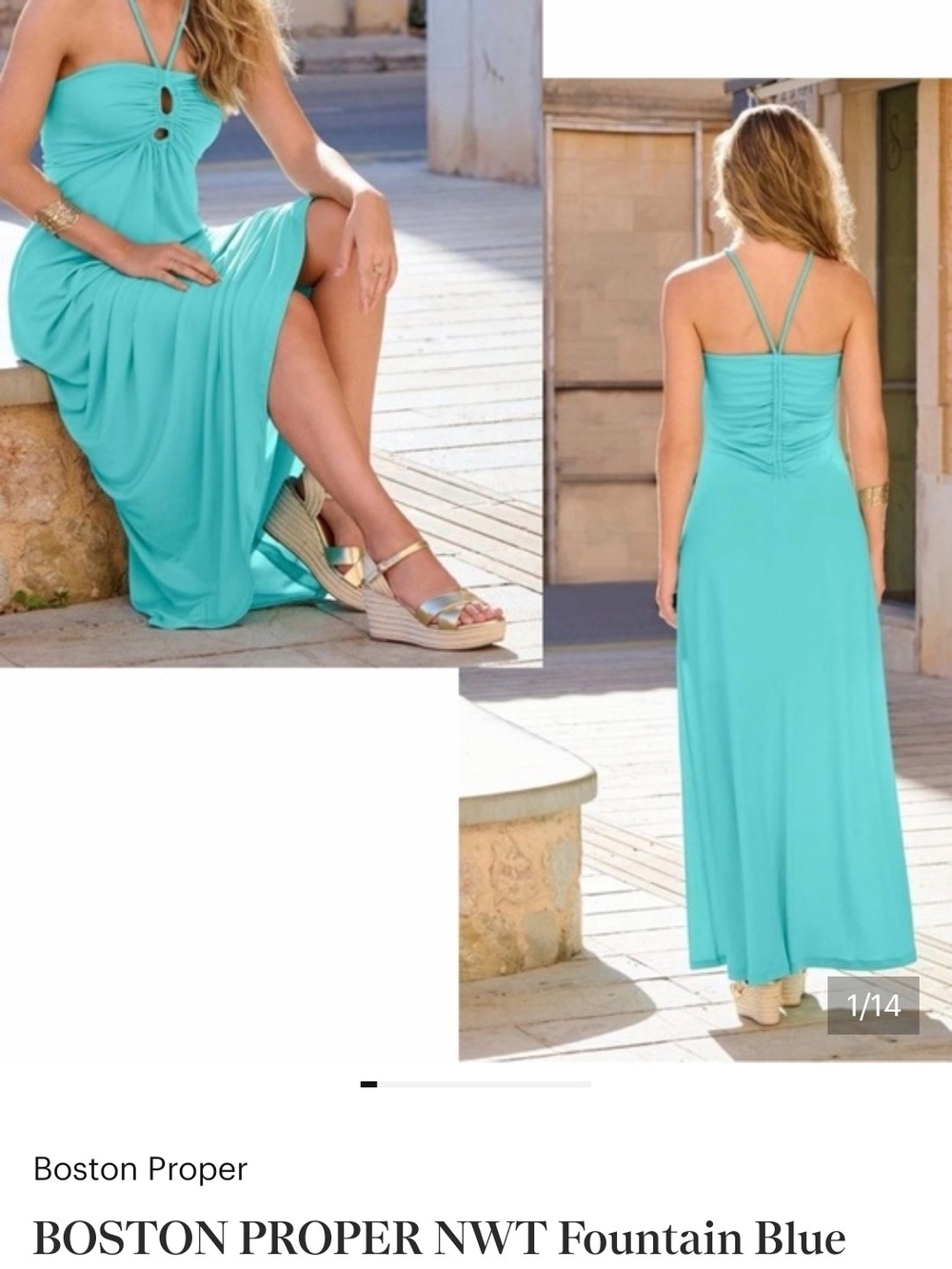 Nwt XL Boston Proper Fountain Blue Strappy Halter Maxi Dress